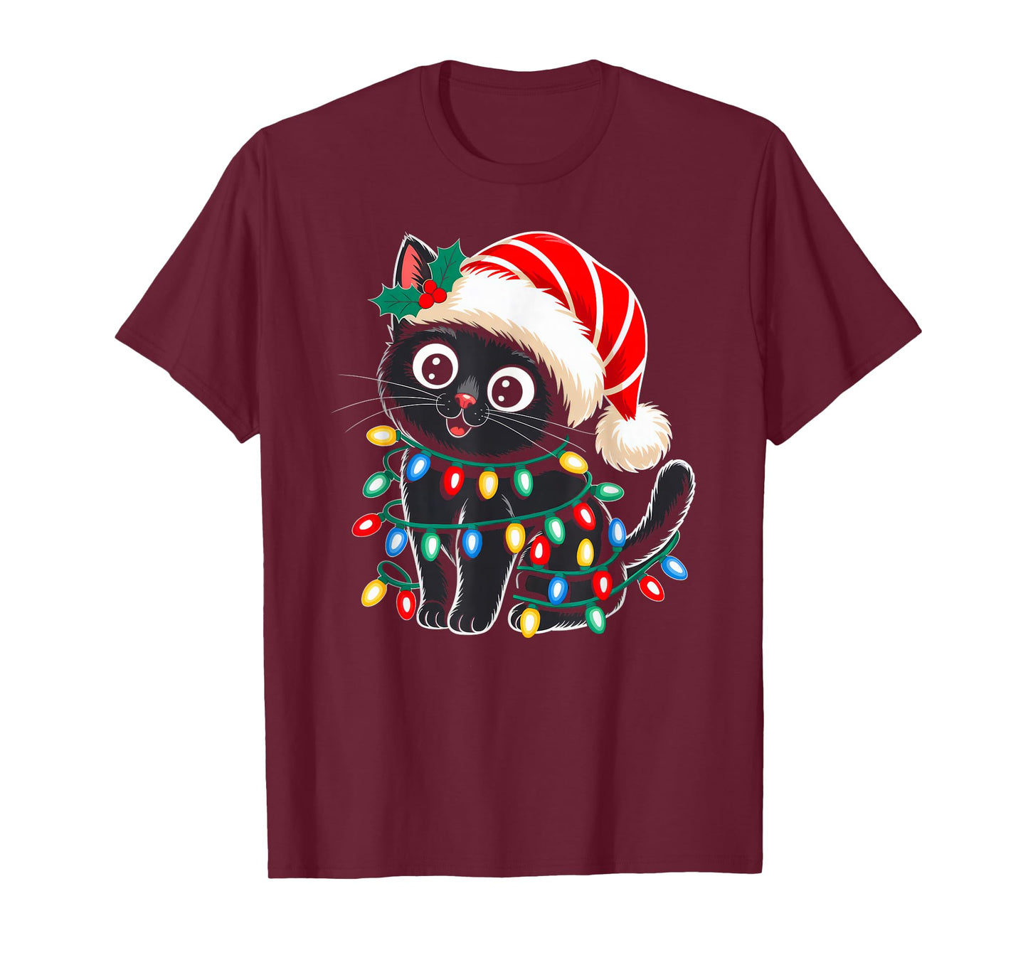 Black Cat Christmas Lights Santa Hat Xmas Pajamas Cat Lover T-Shirt
