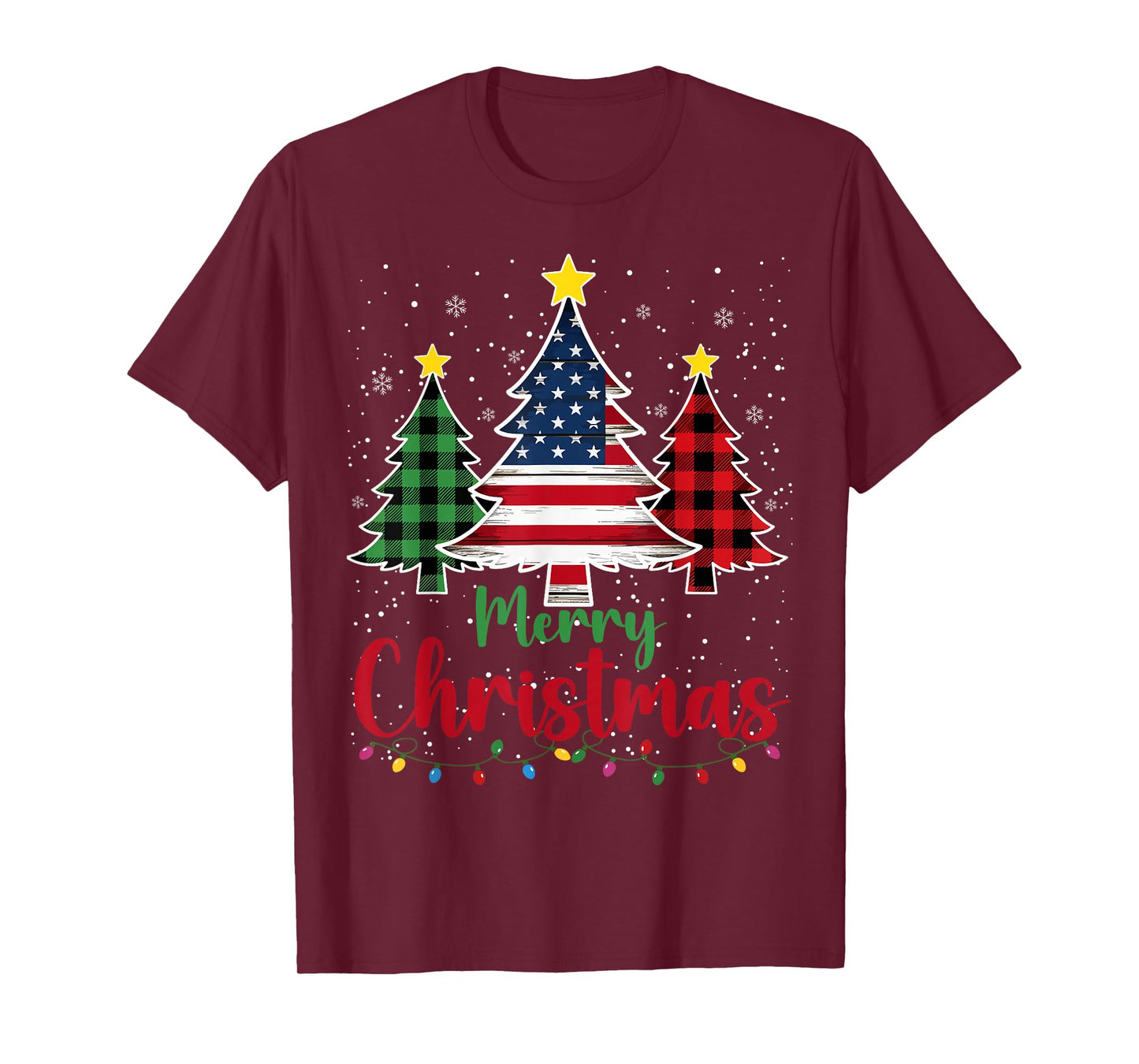 Merry Christmas Tree Plaid US Flag Snowflake Xmas Men Women T-Shirt