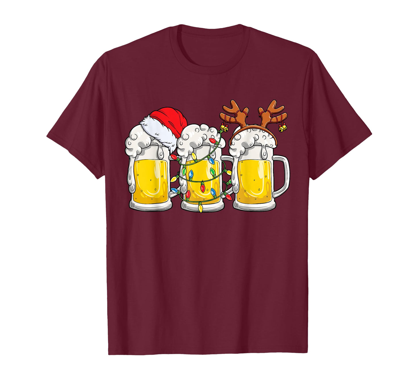 Beer Christmas Mug Santa Reinbeer Xmas Tree Lights Men Women T-Shirt