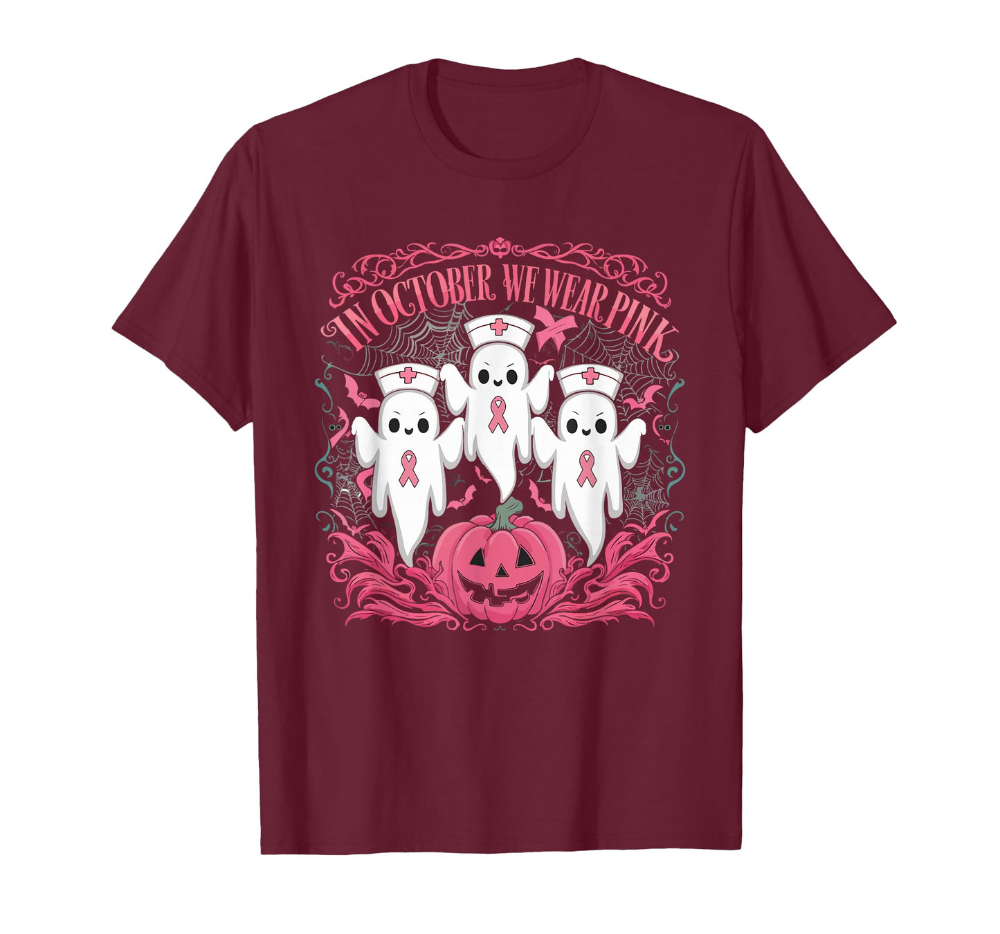 In October We Wear Pink Ribbon Nurse Ghost Halloween T-Shirt