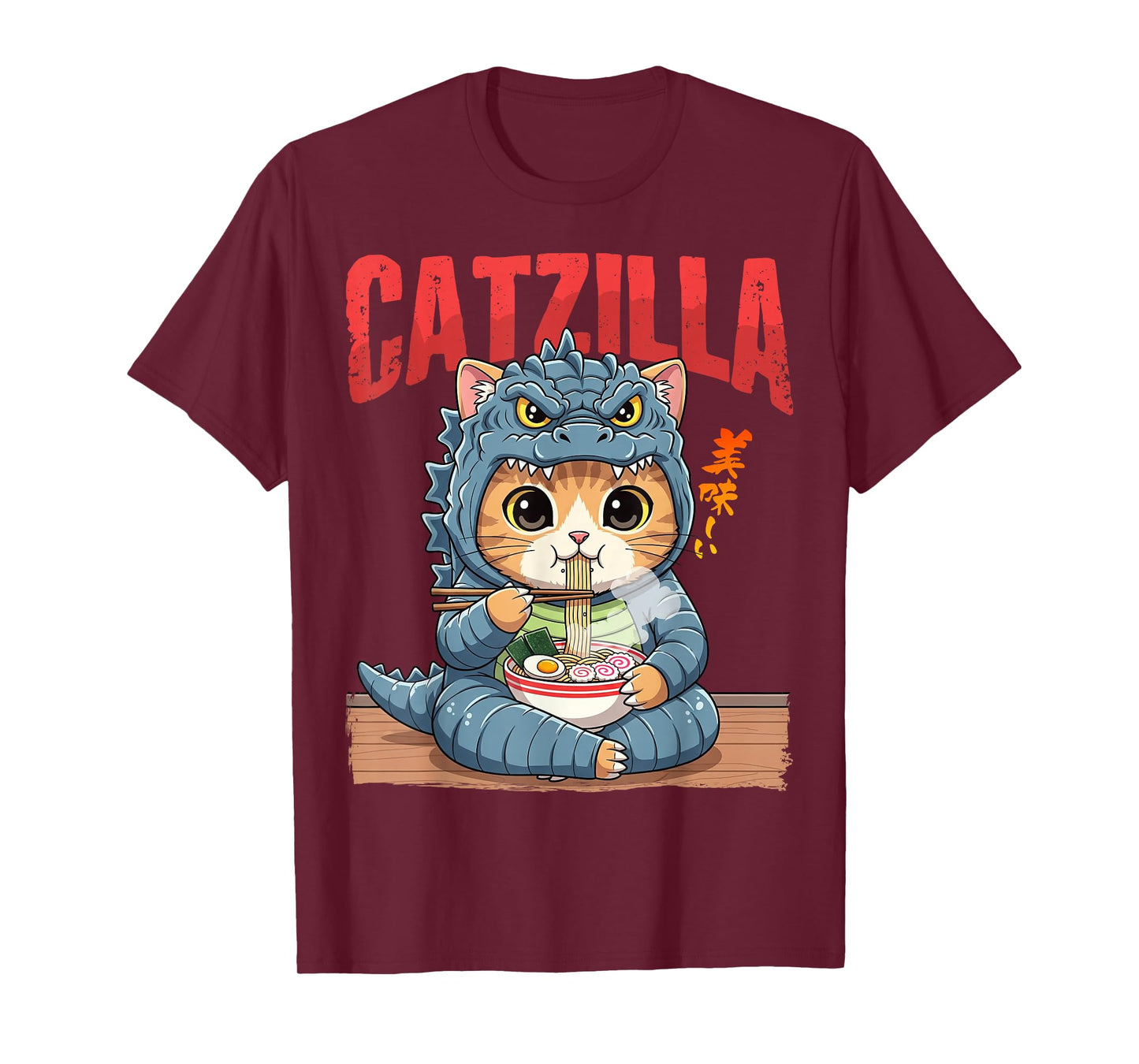 Funny Catzilla Eating Ramen Cute Cat Lover Japanese Art T-Shirt