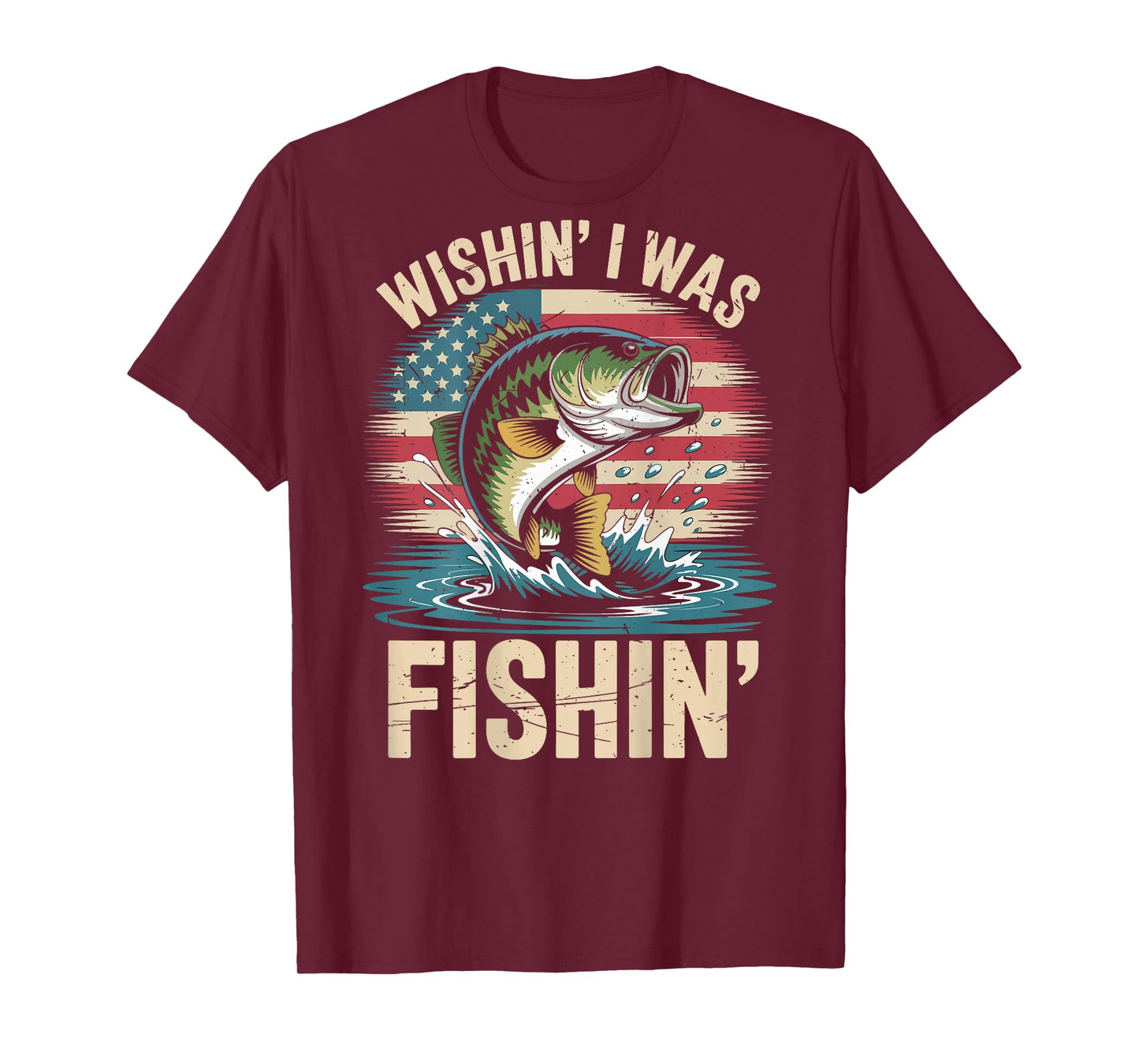 Boys Wishing was Fishing Largemouth Bass Fish American Flag T-Shirt