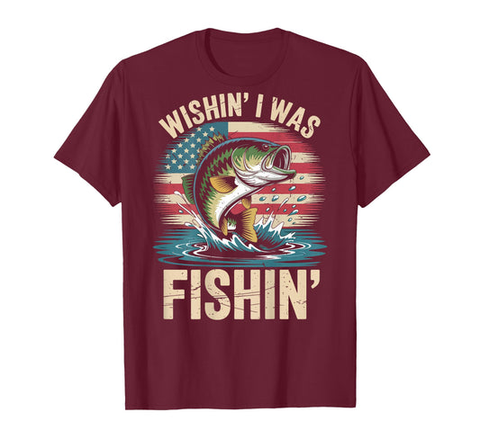 Boys Wishing was Fishing Largemouth Bass Fish American Flag T-Shirt