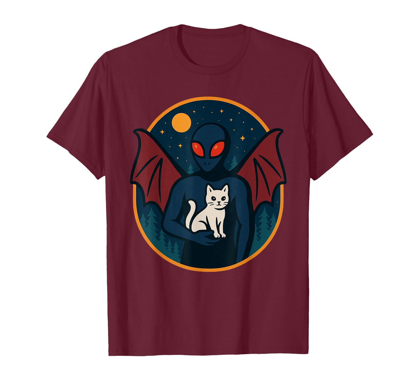 Funny Mothman Holds Cat Under Moonlight in Whimsical Forest T-Shirt