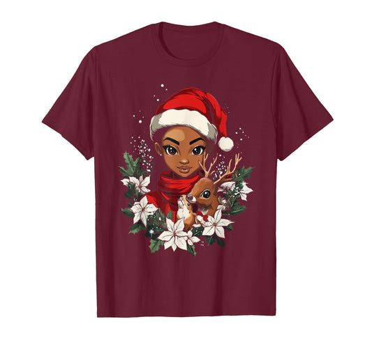 Christmas Black African American Deer Women Kids Girl Xmas T-Shirt