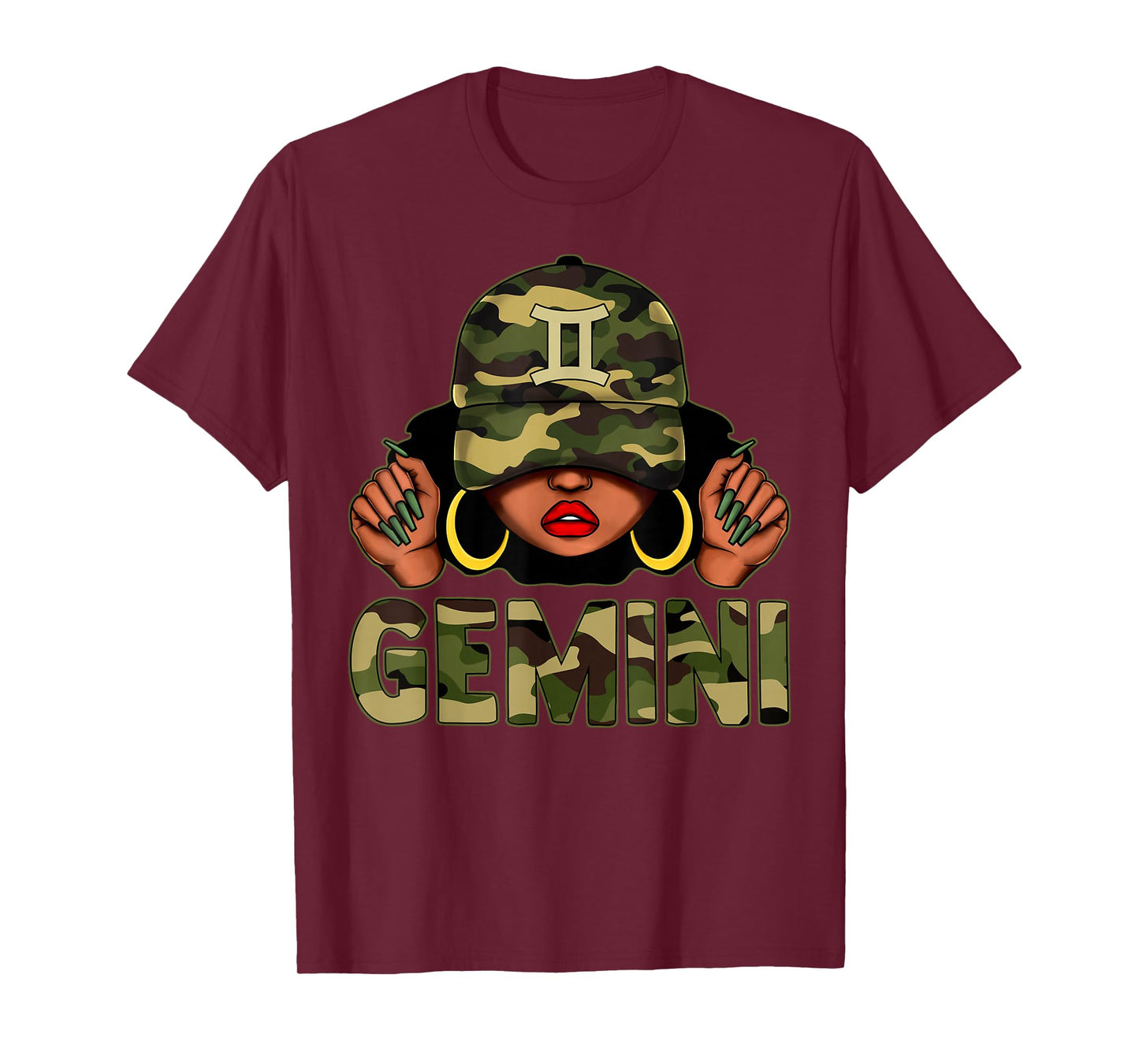 Gemini Queen Black Woman With Cap Camo Afro Girl Zodiac T-Shirt