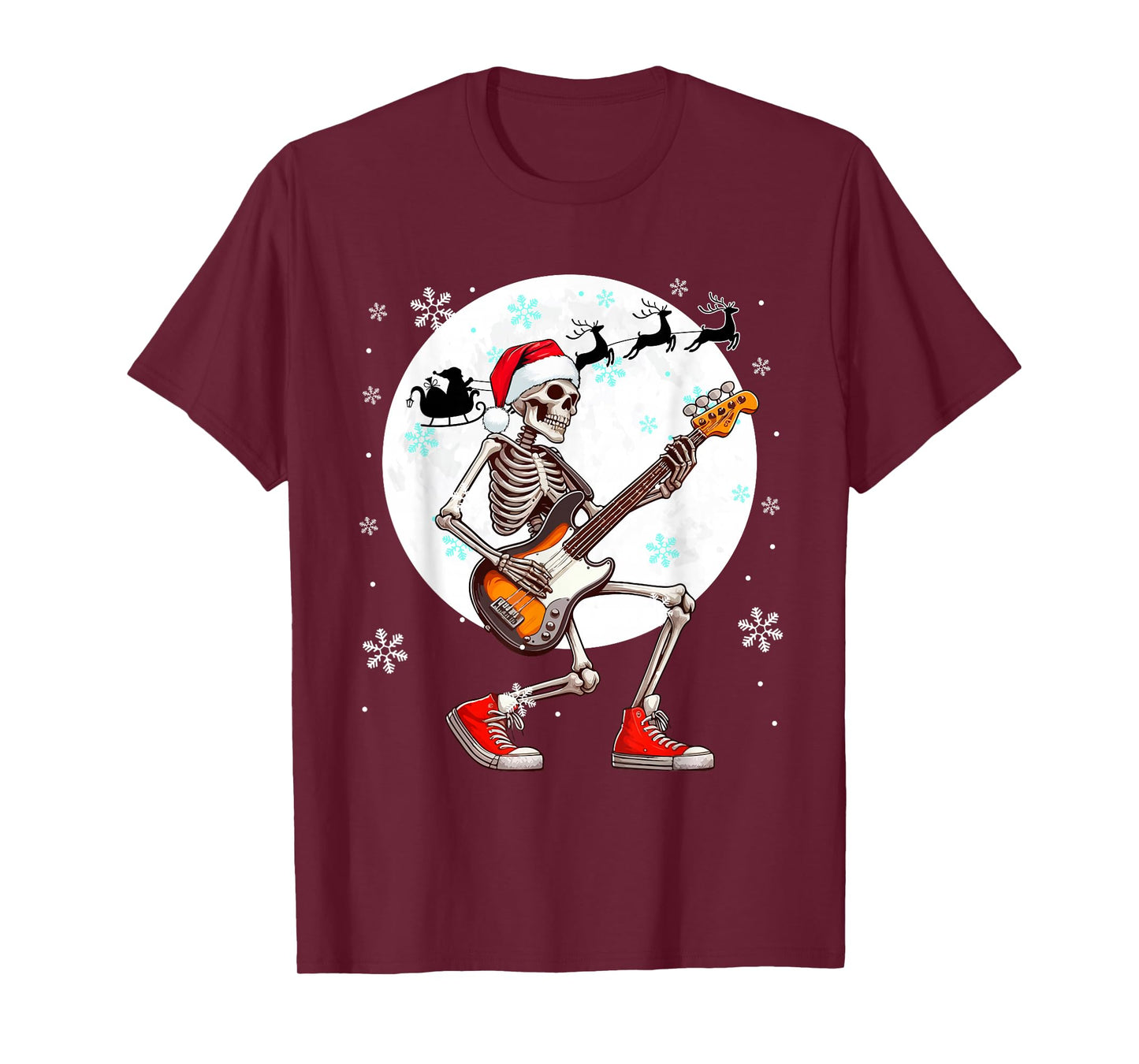 Christmas Santa Skeletons Playing Guitar Bass Guitarist T-Shirt