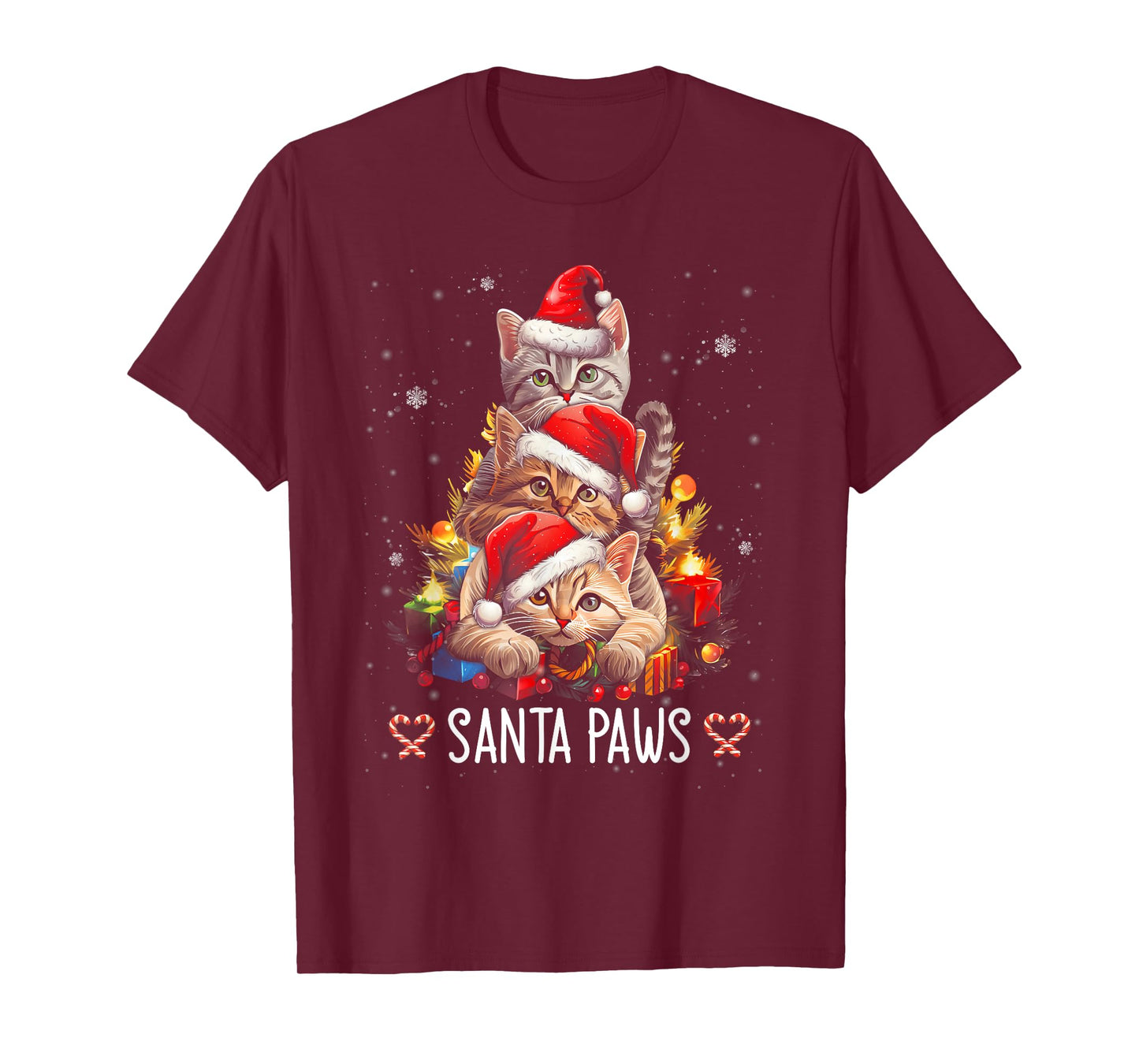 Santa Paw And Claw Santa Cat Christmas Tree Lights Cat Lover Men Women Kids T-Shirt