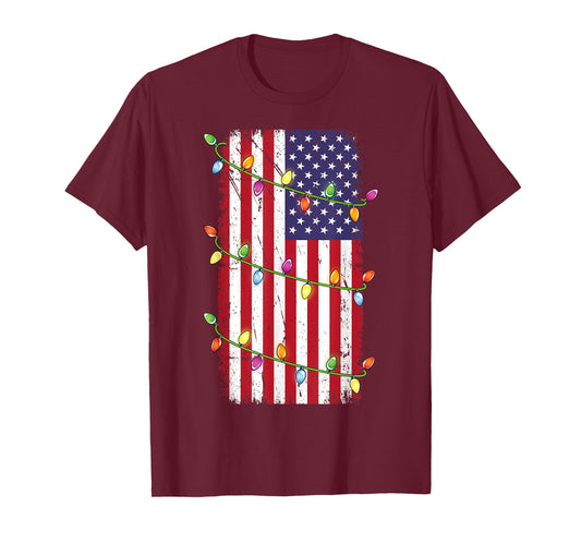 Christmas Lights USA Flag Shirt Patriotic Veteran Christmas T-Shirt
