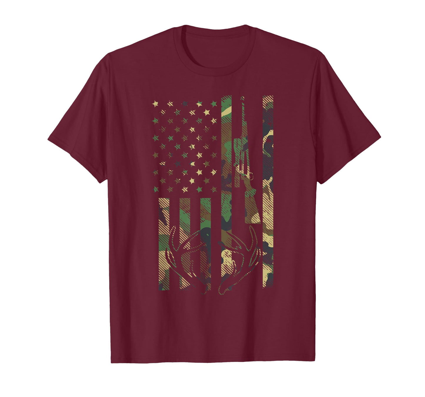 Camo American Flag Rifle Antler Deer Hunting Gun Hunter Gift T-Shirt