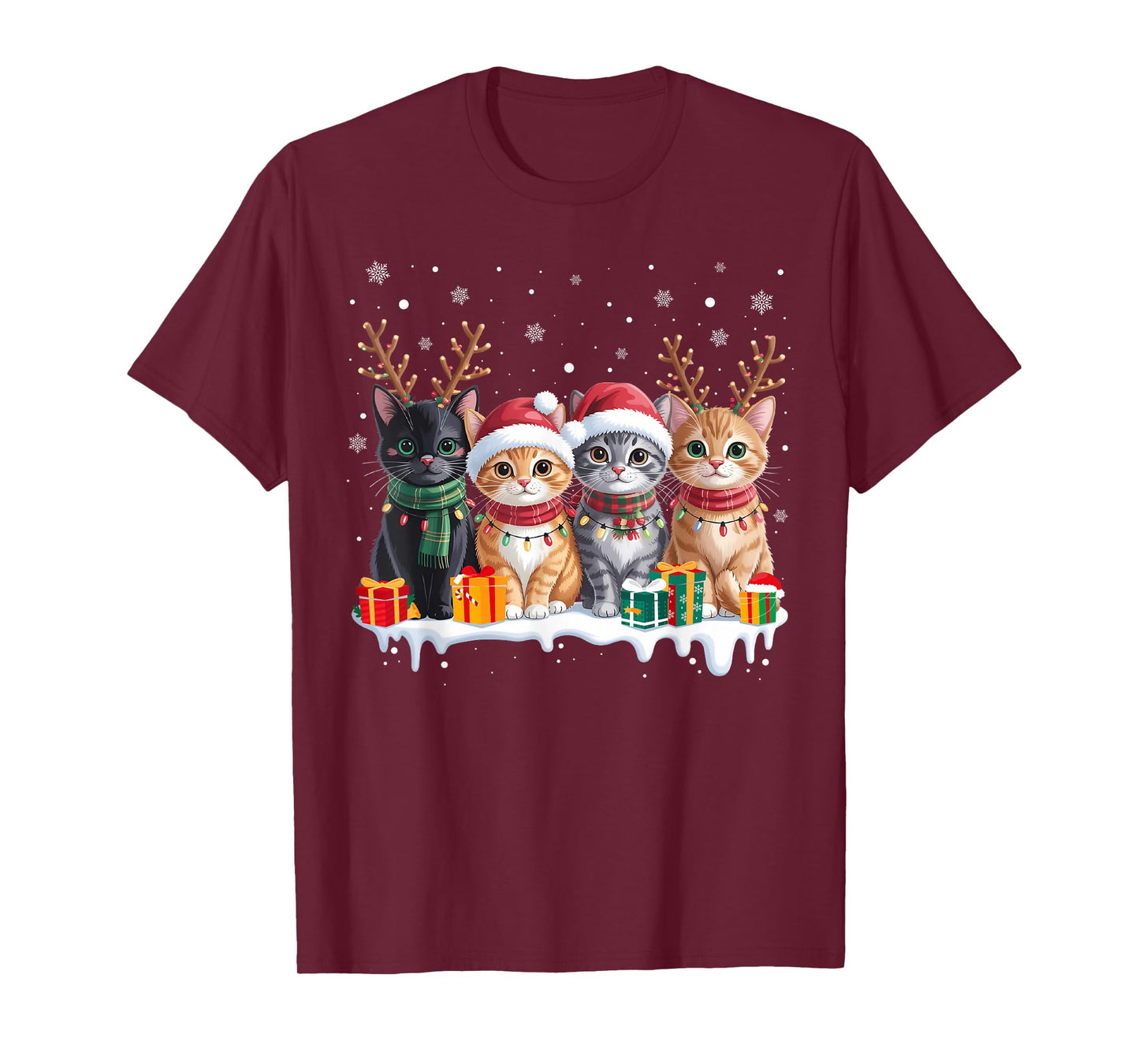 Cat Christmas Light Reindeer Santa Christmas Cat Lover T-Shirt