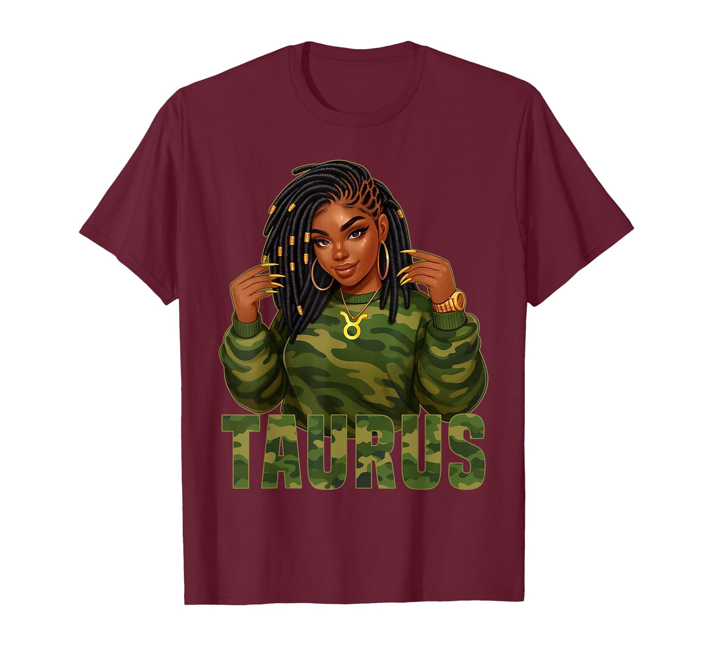 Taurus Queen Loc'd Black Woman Camo Zodiac Sign T-Shirt