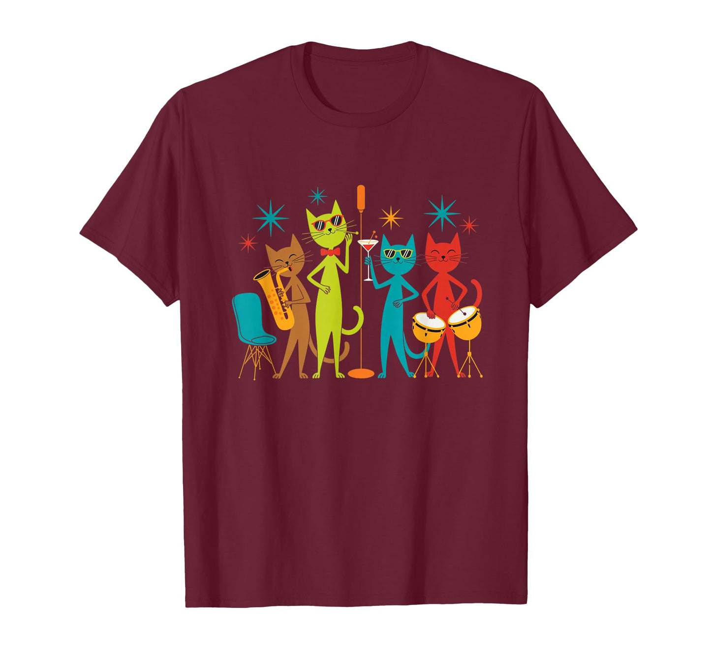 Vintage Mid Century Modern Look Cat Band 50s 60s Style T-Shirt