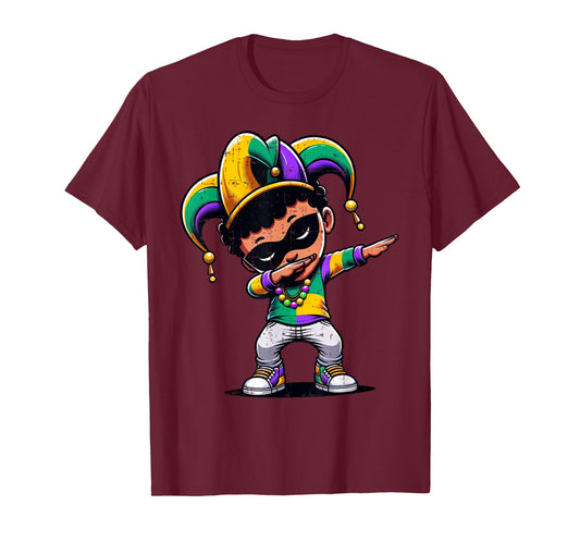 Mardi Gras Dabbing Boy Black Funny Outfit Jester Hat Kids T-Shirt