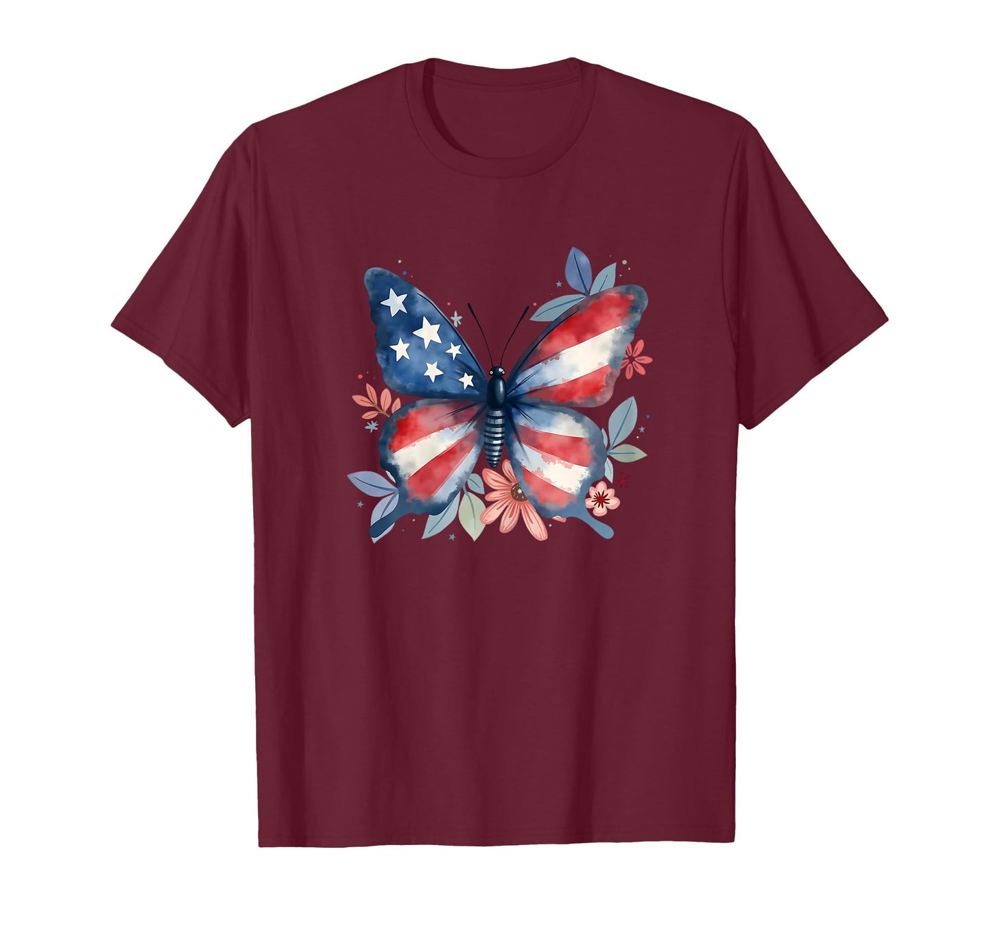Butterfly Floral American Flag USA 4th Of July Girls Women T-Shirt