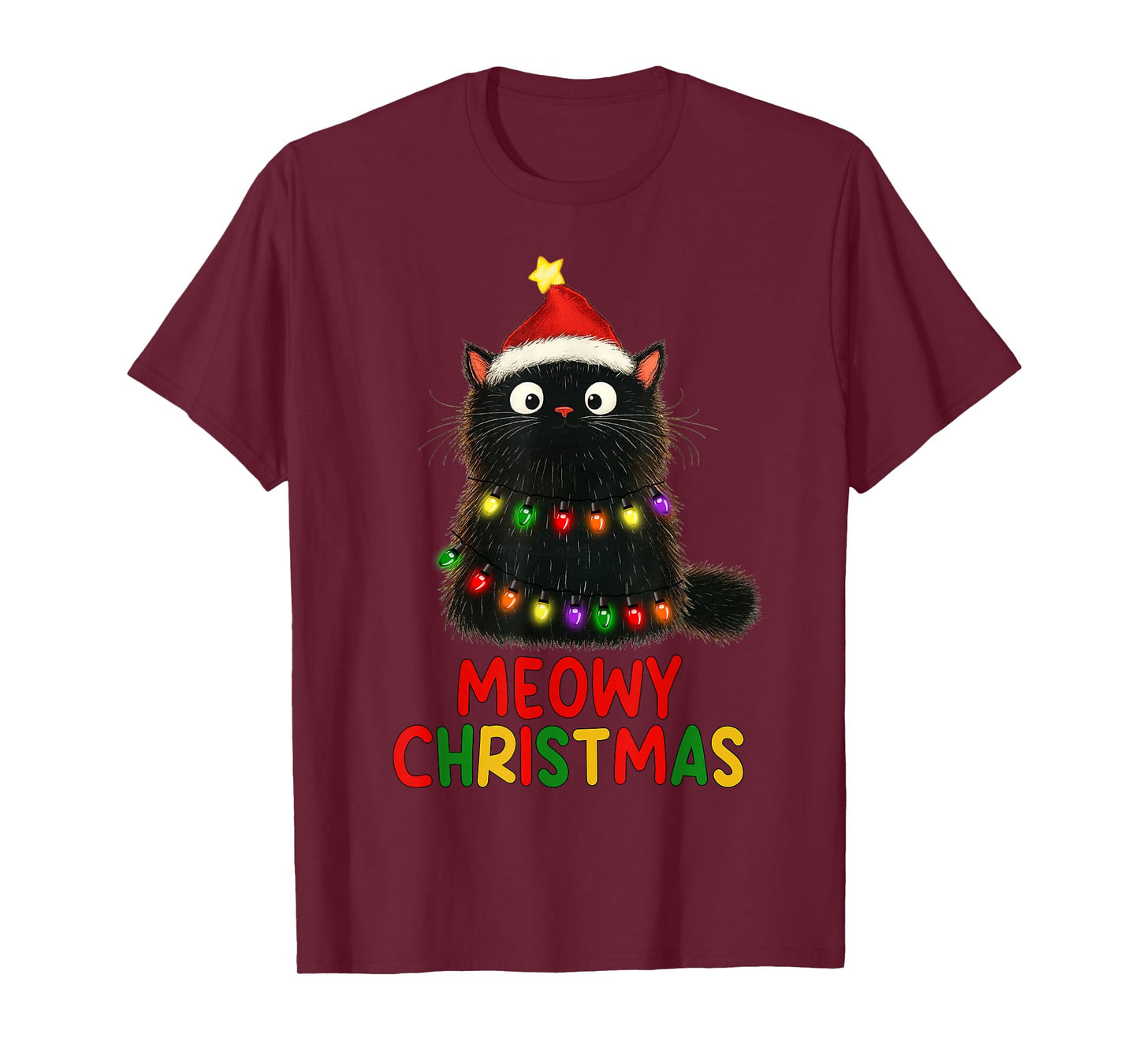 Meowy Christmas Tree Lights Black Cat Xmas Pajamas Cat Lover T-Shirt