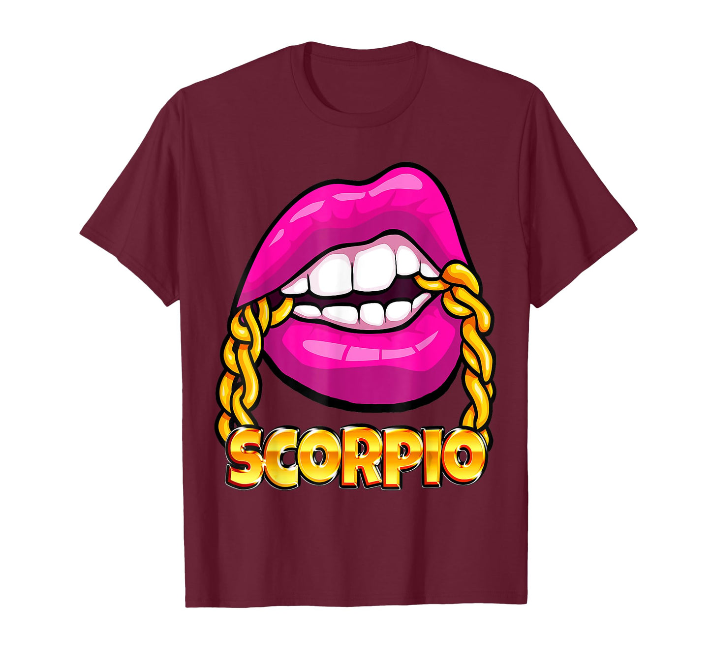 Black Queen Juicy Lips Pink Gold Chain Scorpio Zodiac Sign T-Shirt