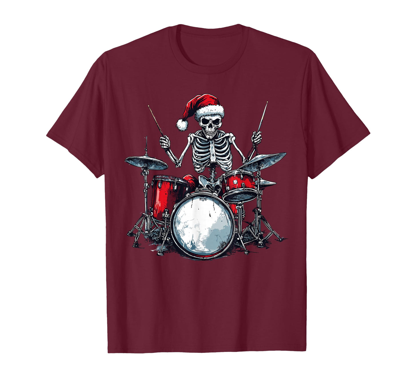Santa Skeleton Playing Drum Percussionist Drummer Christmas T-Shirt