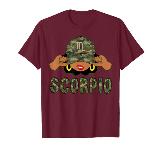 Scorpio Queen Black Woman With Camo Cap Afro Girl Zodiac T-Shirt