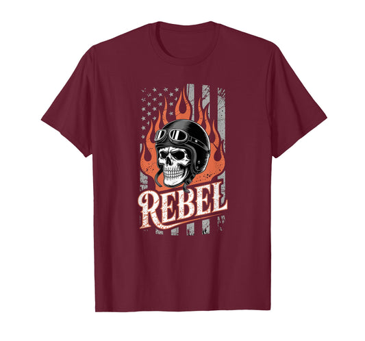 Biker Skull Vintage Art with Flames and American Flag T-Shirt