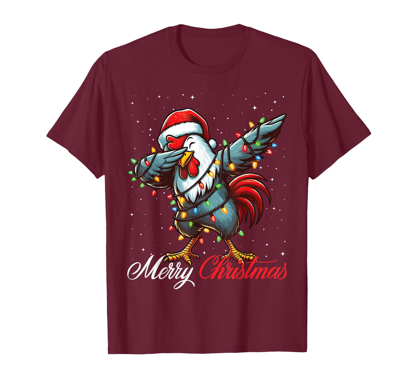 Dabbing Rooster Merry Christmas Lights Santa Hat Xmas Snow T-Shirt