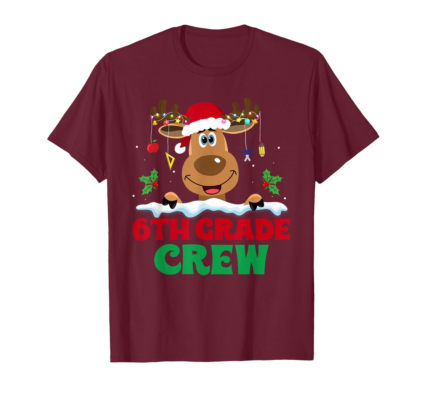 6th Grade Crew Reindeer Santa Hat Funny Christmas Teacher T-Shirt