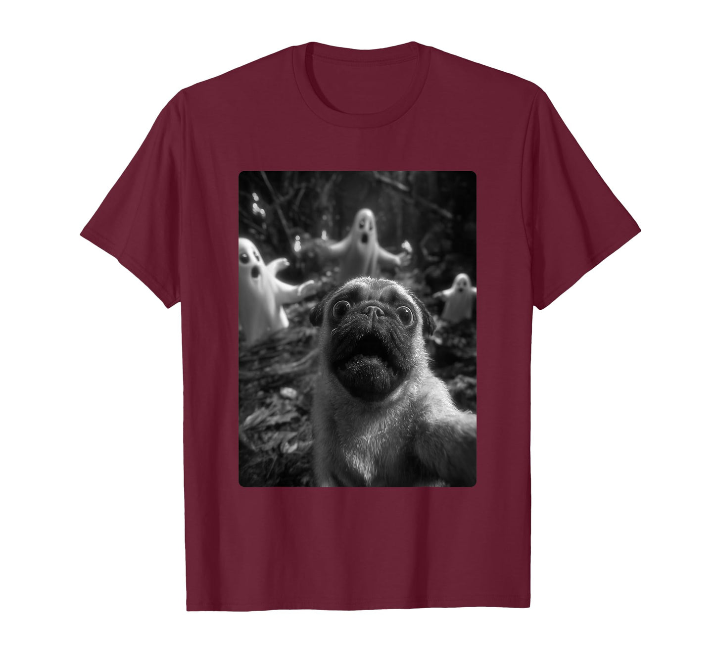 Spooky Pug Selfie with Ghosts Haunted Forest Halloween Dog T-Shirt