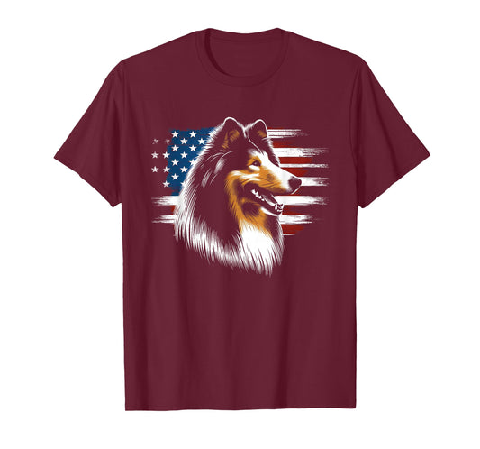 Rough Collie American Flag - Patriotic Collie Dog Lover T-Shirt
