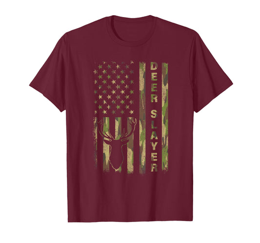 Deer Slayer Hunter Camo American Flag Hunting Lover Vintage T-Shirt