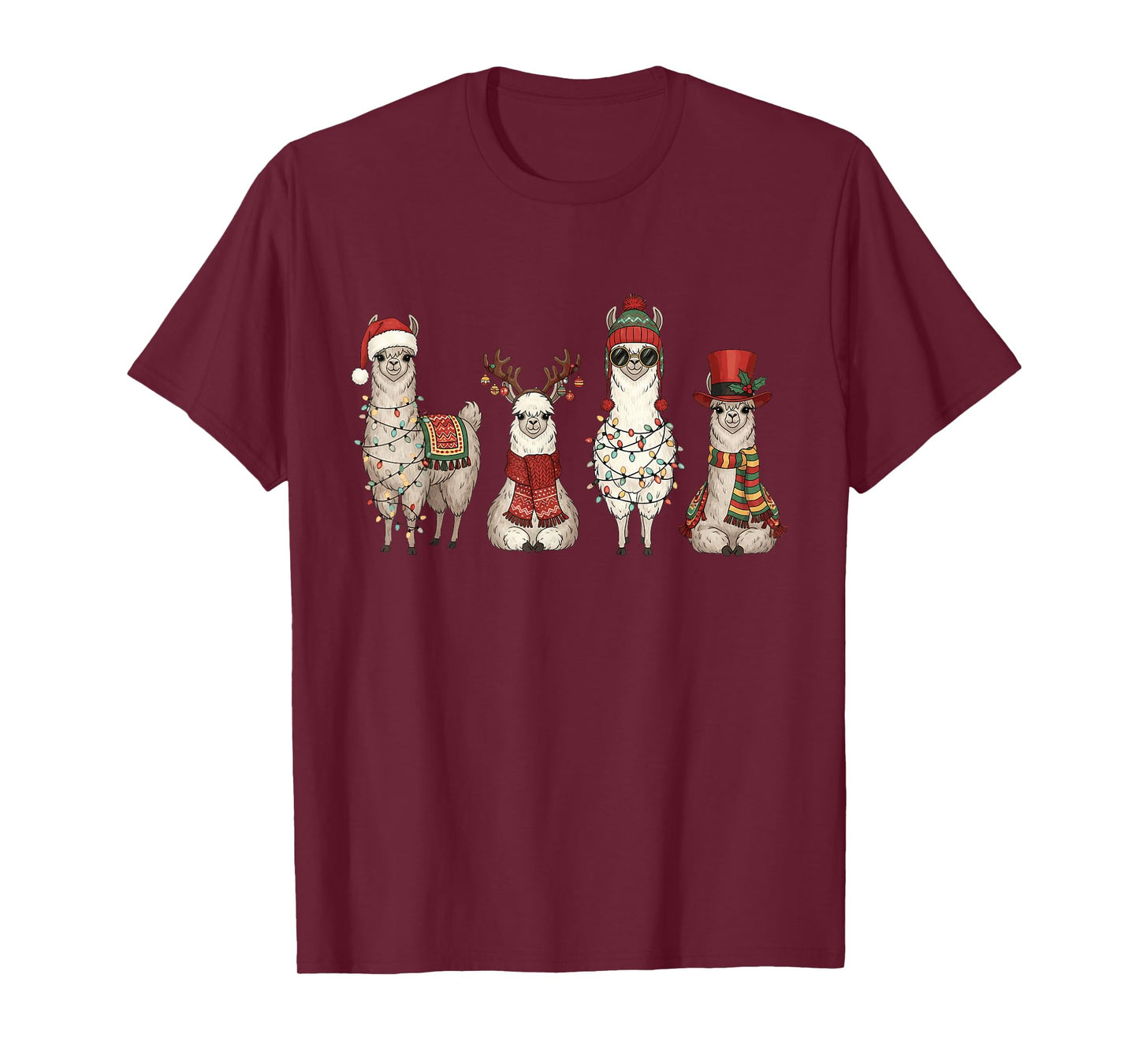 Christmas Llama Quartet Lights Santa Antlers Top Hat Scarf T-Shirt