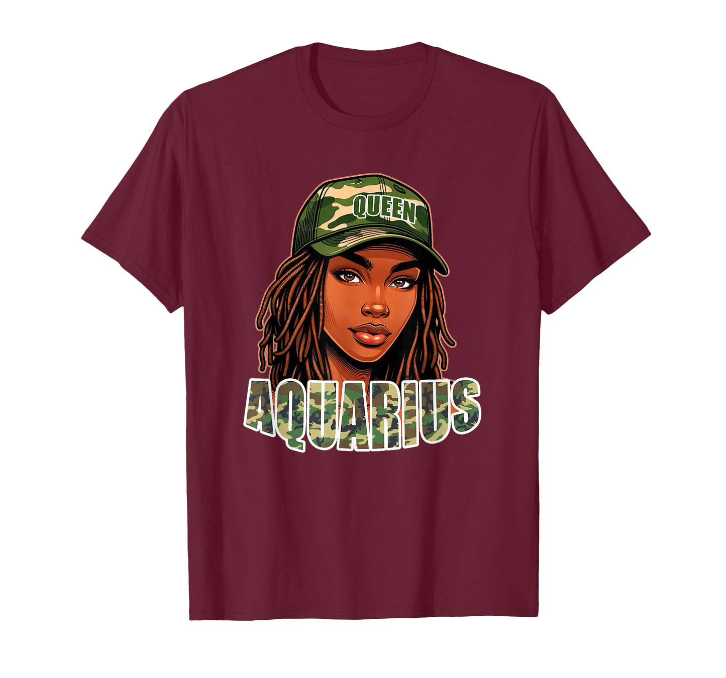 Aquarius Queen Black Woman Camo Hat Locs Birthday T-Shirt