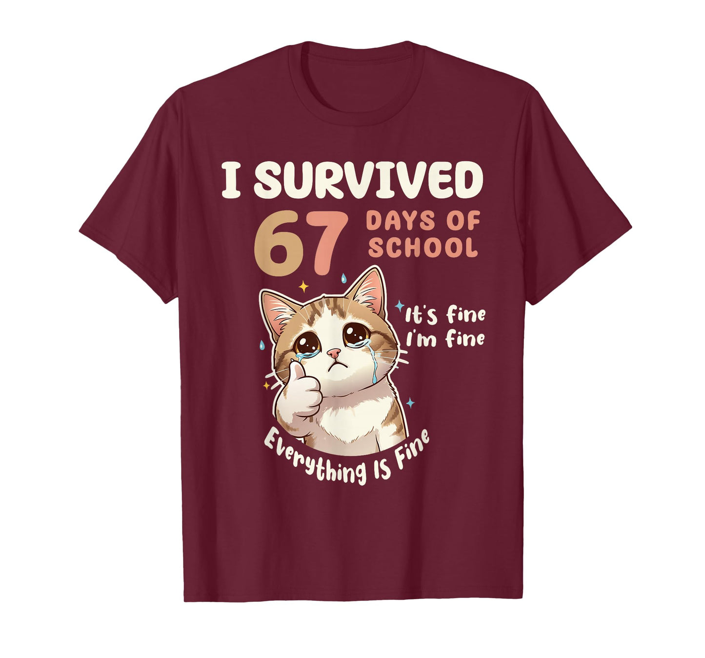 I Survived 67 Days of School Cat It's fine Six Seven Meme T-Shirt