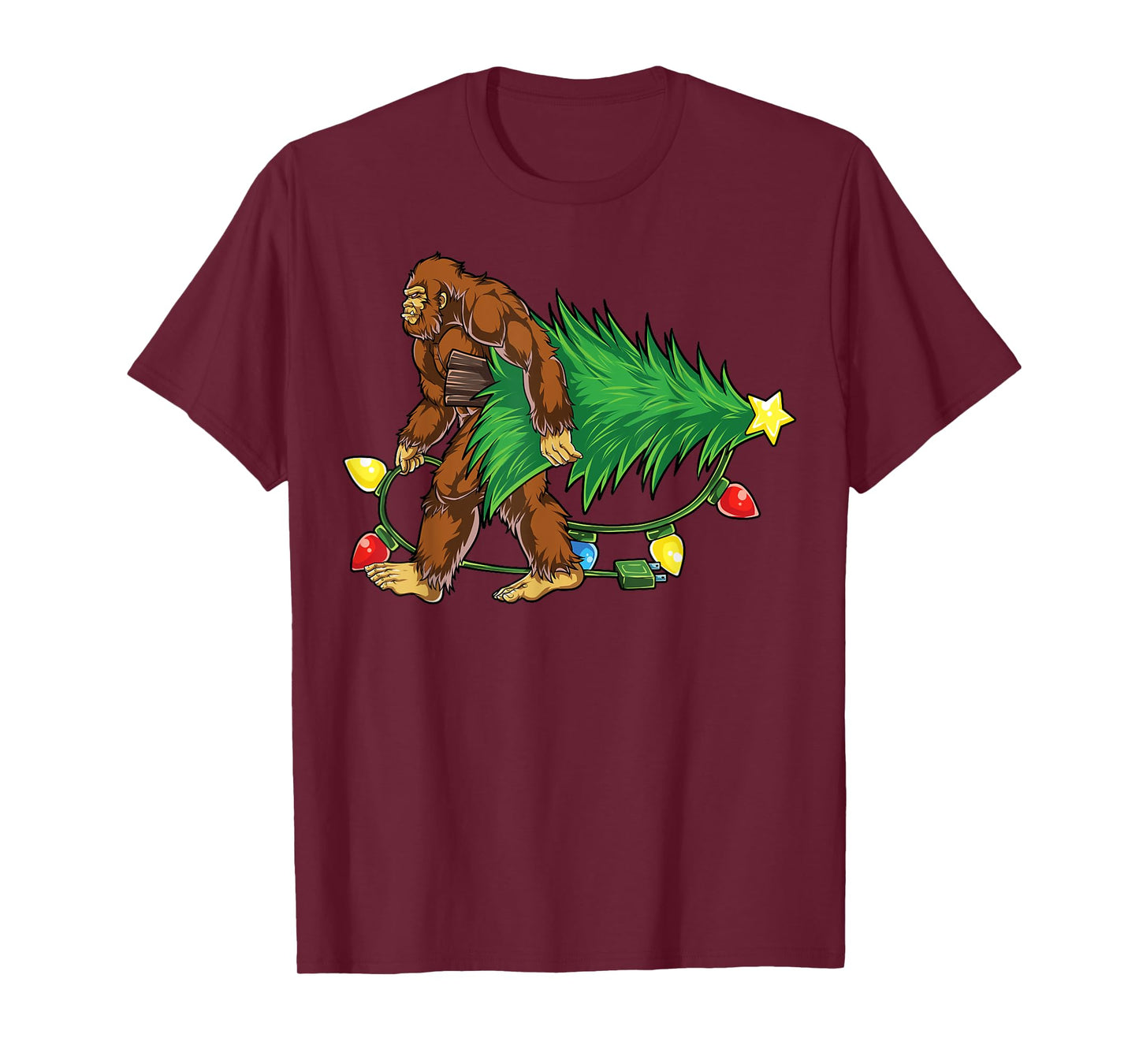 Bigfoot Christmas Tree Lights Xmas Boys Men Sasquatch Lovers T-Shirt