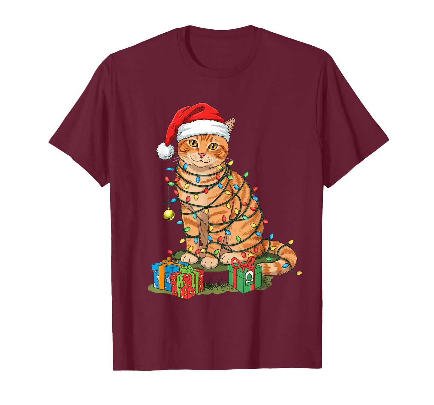 Cat Christmas Light Reindeer Santa Christmas Cat Lover T-Shirt