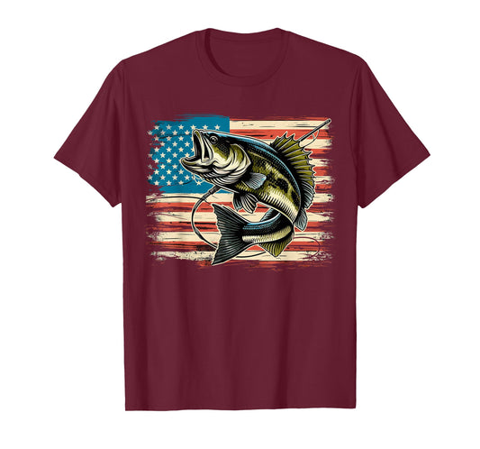 Patriotic Bass Fishing American Flag Fish T-Shirt
