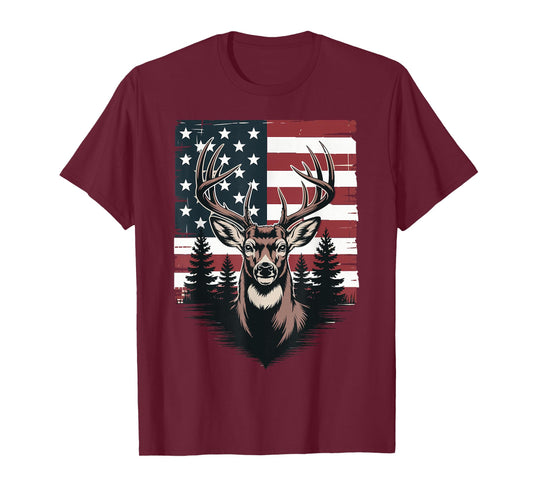 Deer Hunting American Flag Whitetail Buck Antlers Design T-Shirt