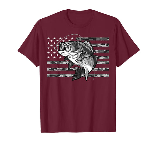 Fishing Camouflage US Camo American Flag Bass Fish Fisherman T-Shirt