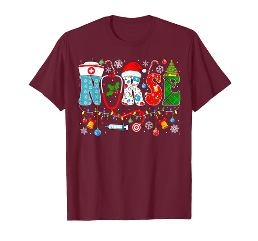 Christmas Nurse Santa Xmas Nursing Pajamas Unisex-Adults Unisex-Kids Black Small Winter Short Sleeve T-Shirt Christmas Nurse Santa RN T-Shirt