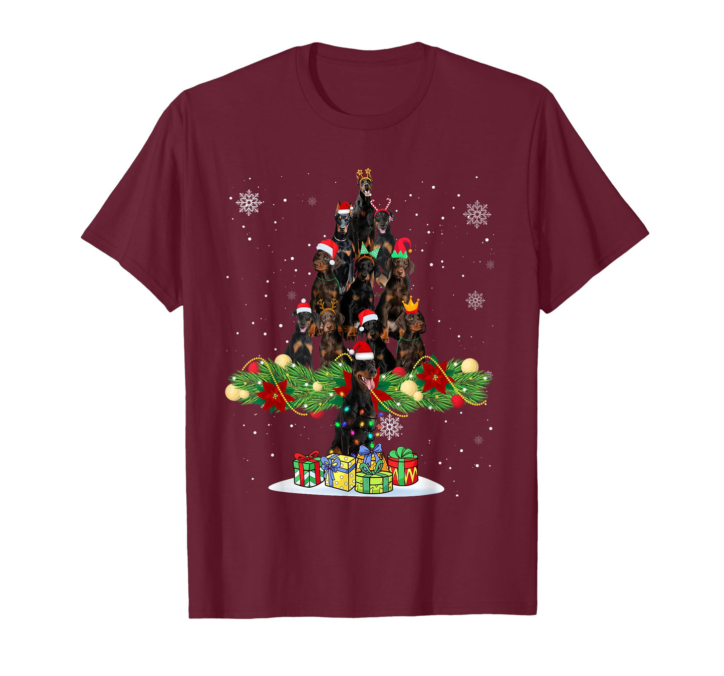 Ugly Sweater Christmas Tree Doberman Dog Xmas Lights T-Shirt