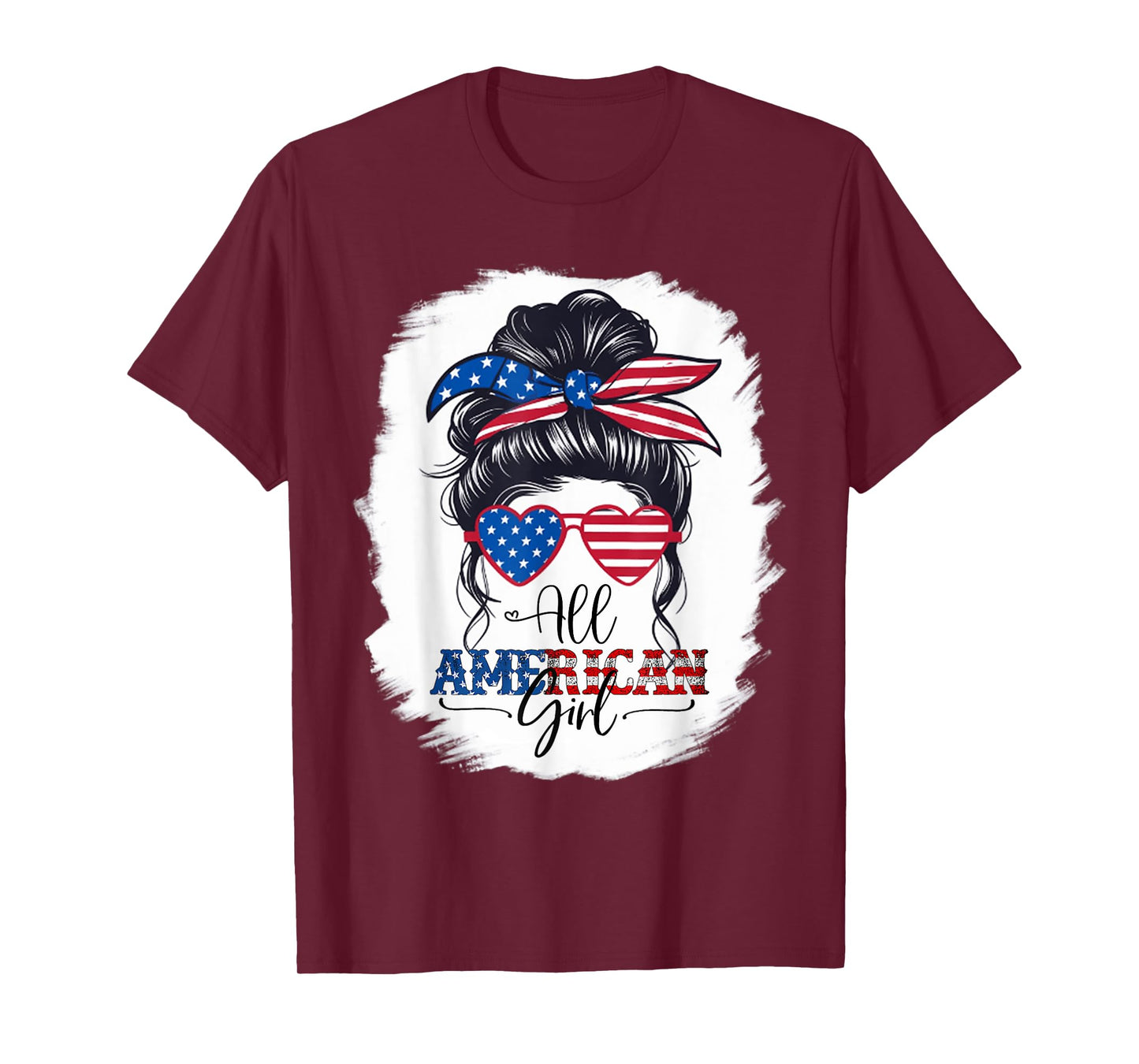 4th of July USA Flag Messy Bun Patriotic All American Girl T-Shirt