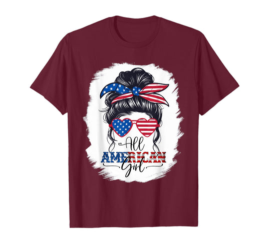 4th of July USA Flag Messy Bun Patriotic All American Girl T-Shirt