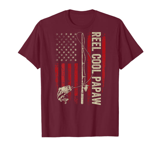 Reel Cool Papaw Fishing American Flag Patriotic (On Back) T-Shirt