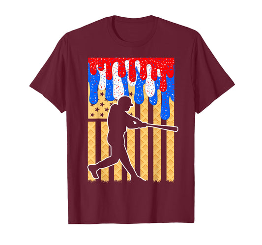 Baseball Drip Bat Boys Ice Cream American Flag 4th of July T-Shirt