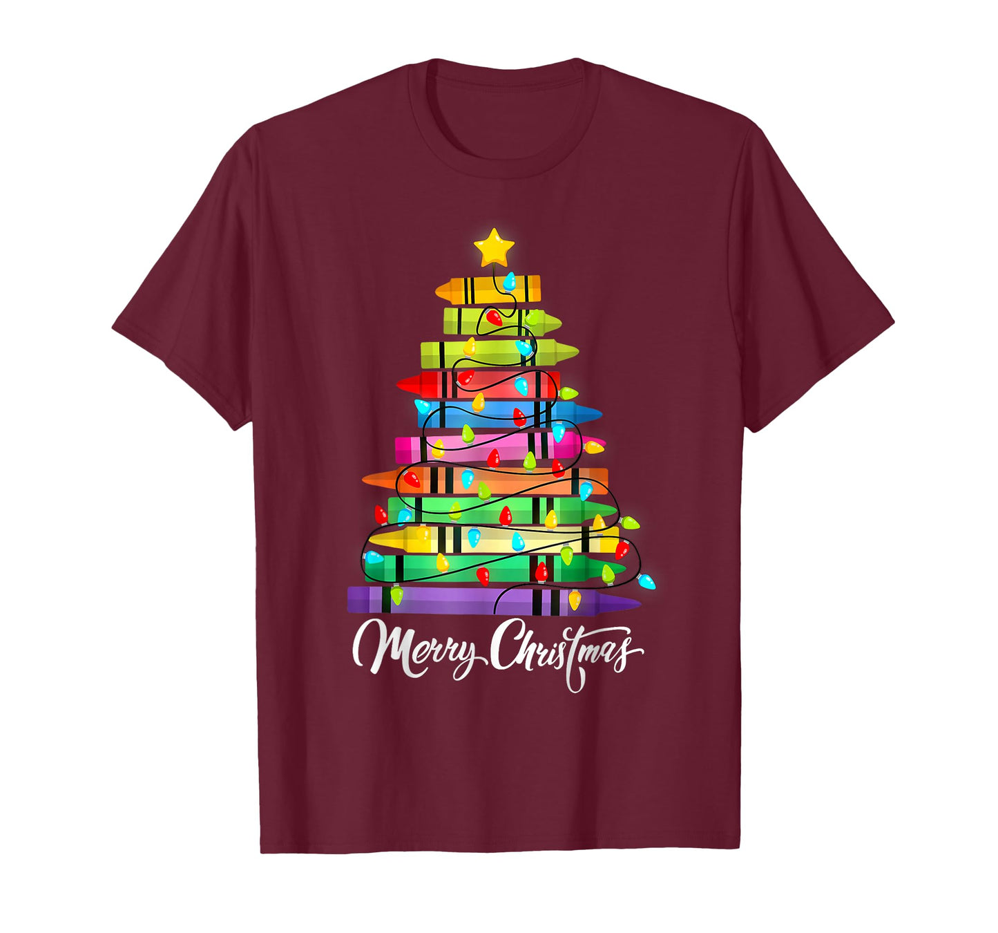 Teacher Crayon Merry Christmas Tree Lights School Xmas T-Shirt