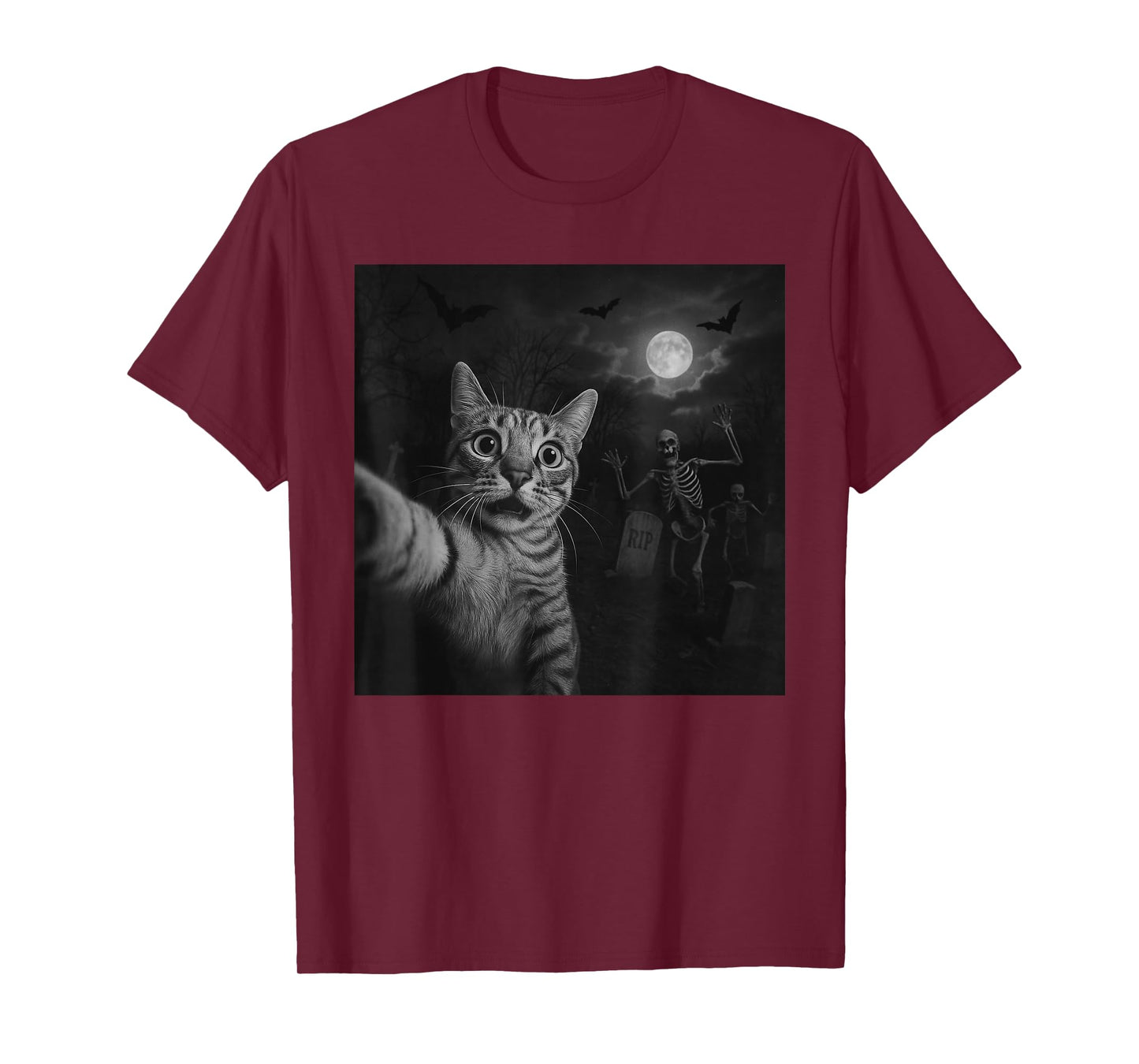 Funny Halloween Surprised Scared Cat Selfie Spooky Skeleton T-Shirt