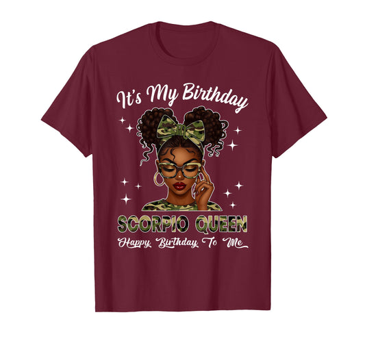 It's My Birthday Scorpio Queen Camo Bow Afro Black Girl T-Shirt