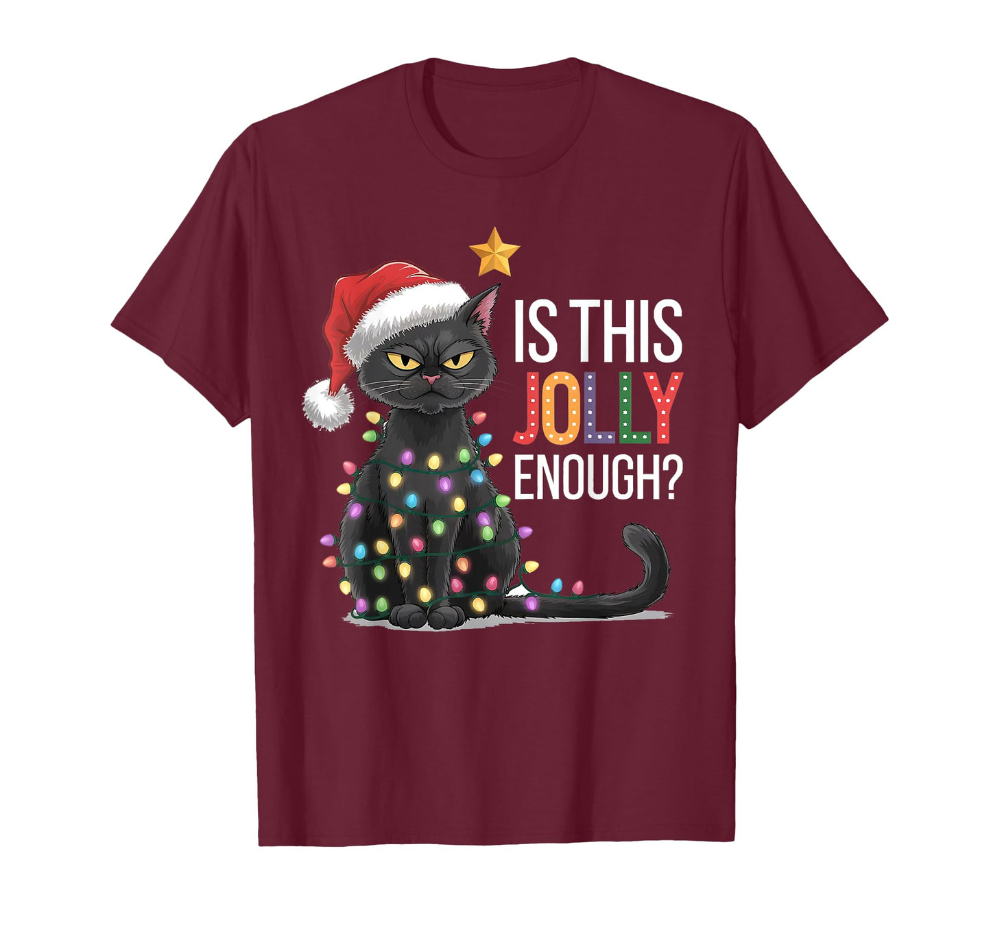 Is This Jolly Enough Black Cat Funny Christmas Tree Lights T-Shirt
