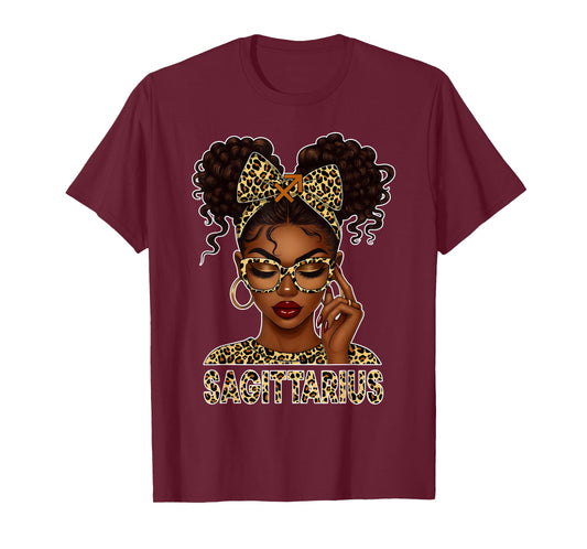 Sagittarius Woman Black Girl Leopard Bow Zodiac Birthday T-Shirt