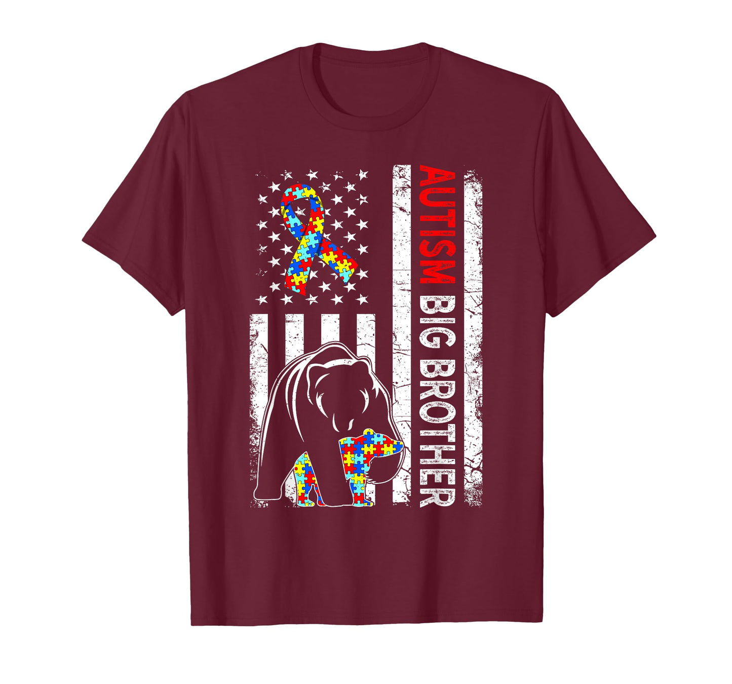 Distressed American Flag Autism Big Brother Bear Awareness T-Shirt for Women Kids Men