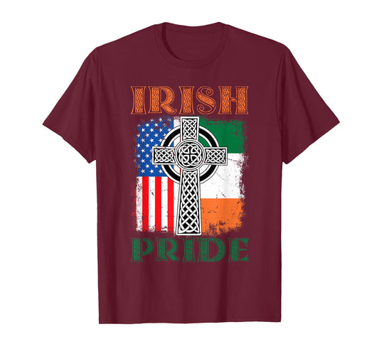 Irish Pride Celtic Cross Ireland & USA Flag St Patricks Day T-Shirt